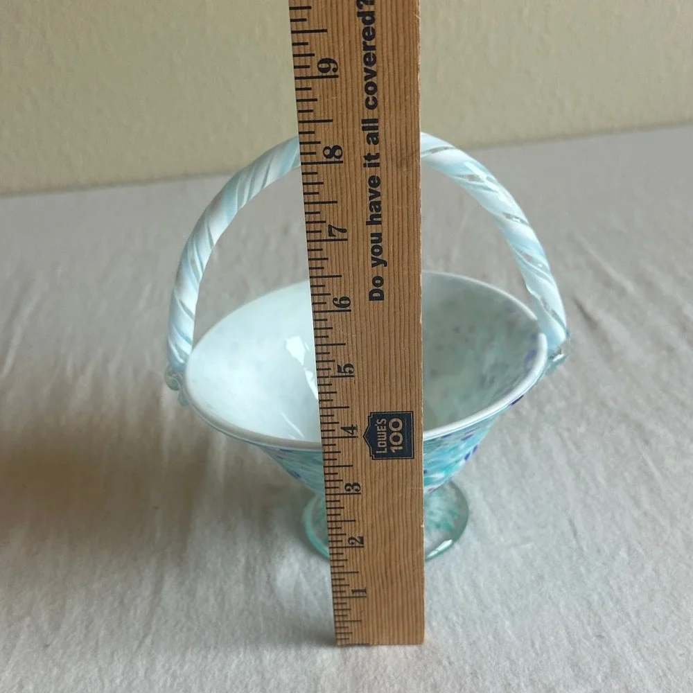 Vintage Blue Confetti Art Glass Basket Twisted Handle Pedestal Hand Blown Bowl